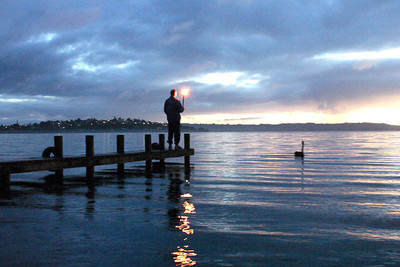 Lake Rotorua sunrise with torch and swan