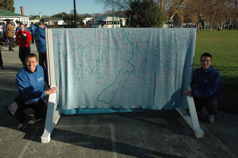 The map of the world signed by all the schools we visited on the South Island.